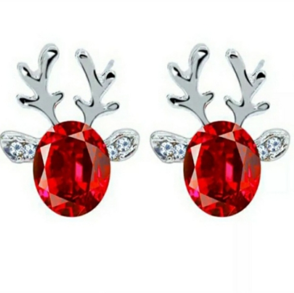 None Jewelry - Red Silver Rhinestone Crystal Reindeer Stud Earrings